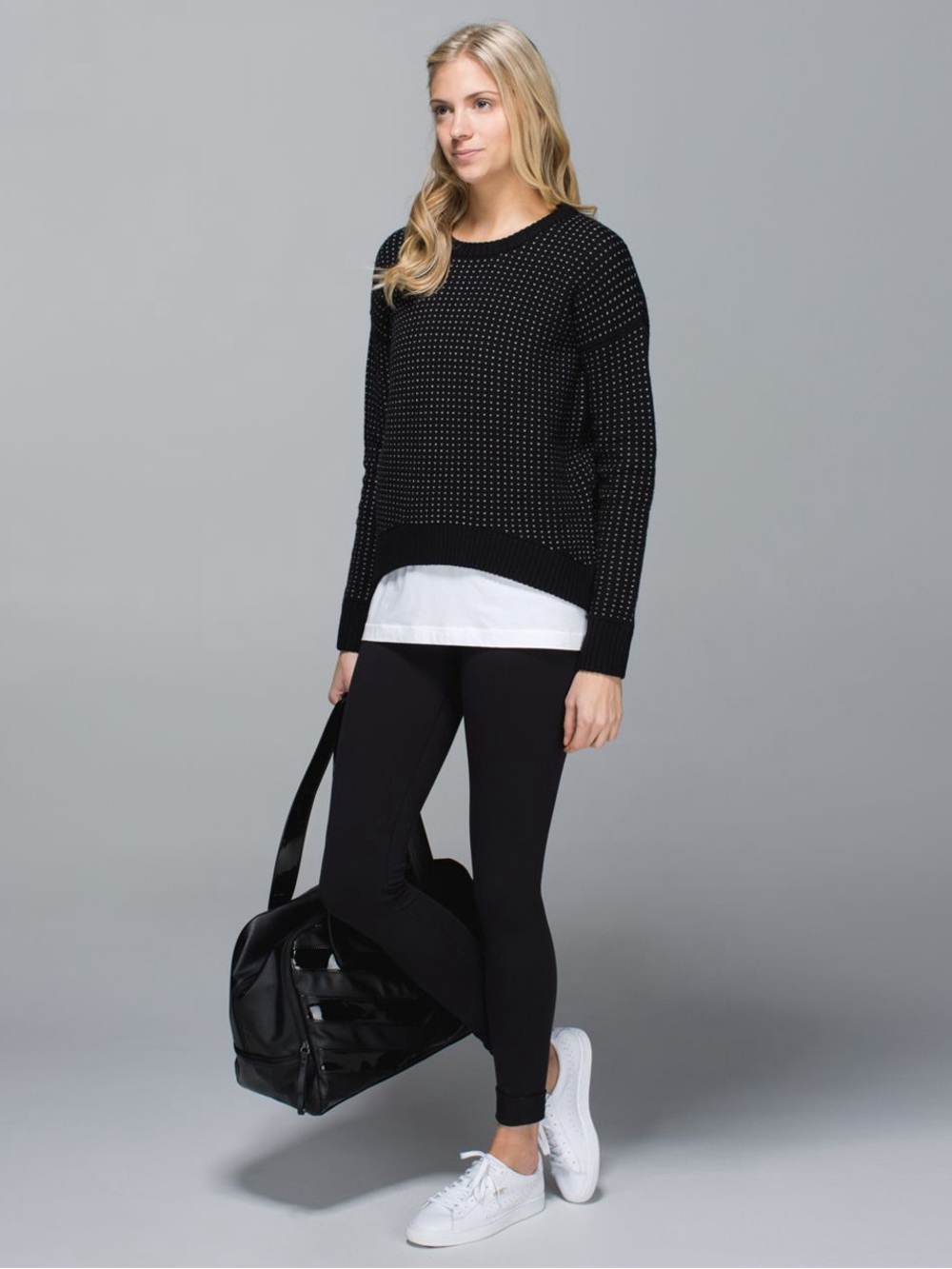 EUC Lululemon 'Yogi Zip' Black Polka Dot Cropped Wool Long Sleeve Sweater 10